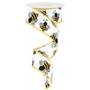 Op de afbeelding: Wit lint met een gele rand en zwart-witte bijenontwerpen.