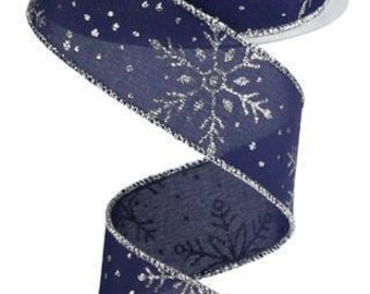 Wired Ribbon Navy with Silver Snowflakes on Royal Burlap Finished in a Silver Edge 1.5x10 Yd RW819319