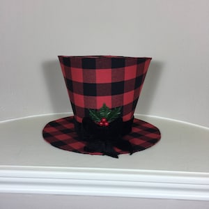 Lg. Red and Black Buffalo Check/Plaid  Top Hat Christmas Tree Topper 12&quot; wide brim