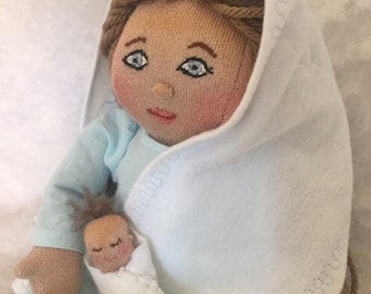 Blessed Virgin Mother Mary Mother and Baby Jesus Cloth Doll Set~Handmade Plush Gifts~Catholic and Christian Unique OOAK Keepsake Toys