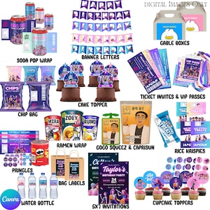 May include: A collection of party supplies, including soda pop wraps, chip bags, cake toppers, ramen wraps, and invitations. The image also features water bottles, cupcake toppers, and banner letters, all with a birthday theme.