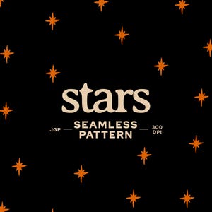Puede incluir: Un fondo negro con un patrón repetitivo de estrellas naranjas de cuatro puntas. El texto dice dacoparo, stars, SEAMLESS PATTERN, JGP, 300 DPI y @DACOPARO en una fuente beige claro. El diseño se presenta como un archivo gráfico digital.