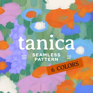 Puede incluir: Un diseño de patrón digital sin costuras titulado tanica que presenta un motivo floral vibrante con texturas de pinceladas en tonos naranja, azul, blanco, morado y verde. La imagen incluye etiquetas de texto para TIFF, JGP, 300 DPI y 6 COLORS.
