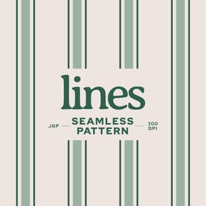 May include: A seamless pattern design featuring vertical sage green stripes on a light beige background. The text reads dacoparo, lines, SEAMLESS PATTERN, JGP, 300 DPI, and @DACOPARO. The layout consists of alternating thick and thin dark green lines.
