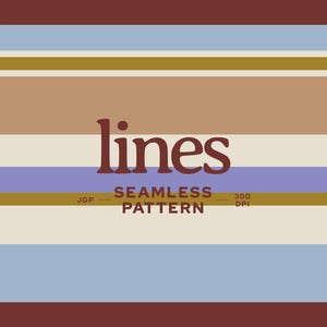 Puede incluir: Un patrón sin costuras con rayas horizontales en tonos amarillo mostaza, granate oscuro, azul claro, beige y lavanda. El texto dacoparo, lines, SEAMLESS PATTERN, JGP, 300 DPI y @DACOPARO está impreso en granate oscuro sobre el fondo a rayas.