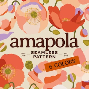 Op de afbeelding: Een naadloos patroonontwerp met gestileerde klaprozen in tinten rood, koraal en lavendel op een crèmekleurige achtergrond. De tekst luidt dacoparo, amapola, SEAMLESS PATTERN, TIFF, JGP, 300 DPI, 6 COLORS en @DACOPARO in donkerbruine letters.