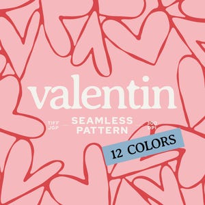 May include: A digital graphic featuring a light pink background with a repeating pattern of red hand-drawn hearts. The text reads dacoparo, valentin, SEAMLESS PATTERN, TIFF JGP, 300 DPI, 12 COLORS on a blue rectangle, and @DACOPARO.