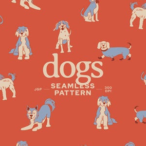 May include: A seamless pattern on a terracotta background featuring various illustrated dogs in blue and cream. The text reads dacoparo, dogs, SEAMLESS PATTERN, JGP, and 300 DPI. The dogs are depicted in different poses, including sitting, standing, and stretching.