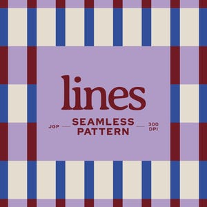 Könnte beinhalten: Eine digitale Grafik mit einem nahtlosen Muster aus vertikalen Streifen in Kastanienbraun, Blau und Creme, überlagert von einem hellvioletten Rechteck mit dem Text dacoparo, lines, SEAMLESS PATTERN, JGP, 300 DPI und @DACOPARO.