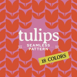 May include: A seamless pattern featuring orange tulip shapes on a pink background. The text reads dacoparo, tulips, SEAMLESS PATTERN, TIFF, JGP, 300 DPI, 18 COLORS, and @DACOPARO. The design consists of repeating floral motifs in a grid layout.