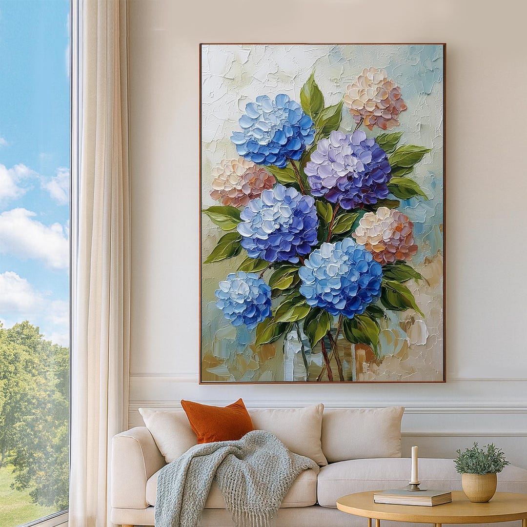 Original Vintage Blue Hydrangea Oil Painting, Textured Floral Canvas ...