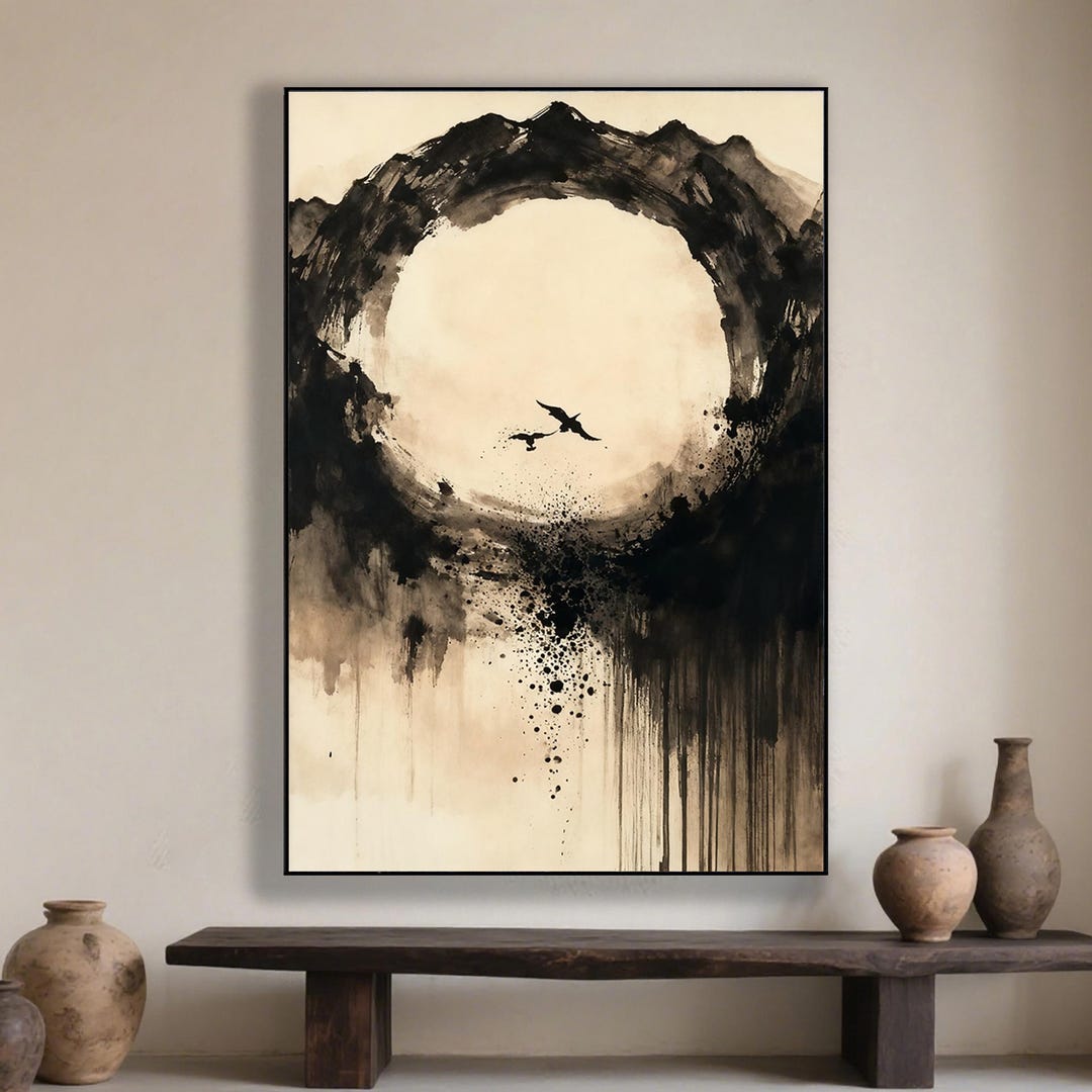 Original Zen Ink Landscape Oil Painting | Minimalist Black and Beige ...