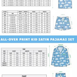 The image is a collection of three separate images depicting different sizes of satin short-sleeve pajamas for children. The images show the top, chest, waist, and leg measurements for each size, as well as the waist and leg measurements for the full-length pajamas. The images also include the waist and leg measurements for the short-sleeve pajamas.