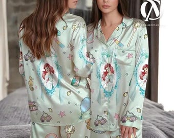 Ariel Mermaid Satin Pajama Set, Little Mermaid Silk Sleepwear, Disney Princess PJs for Girls