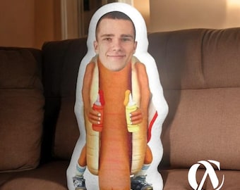 Hot Dog Man Minime Pillow – Custom Face Photo Doll, Personalized Funny Plush, Unique Character Throw Pillow Gift for Friends
