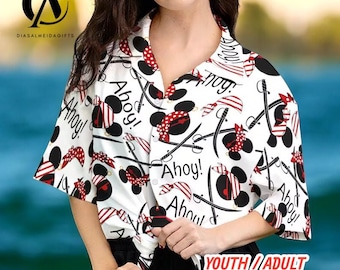 Cartoon Pirate Cruise Hawaiian Shirt, Classic Mouse Sailor Style, Ahoy Tropical Button Up, Beach Vacation Shirt for Youth & Adult