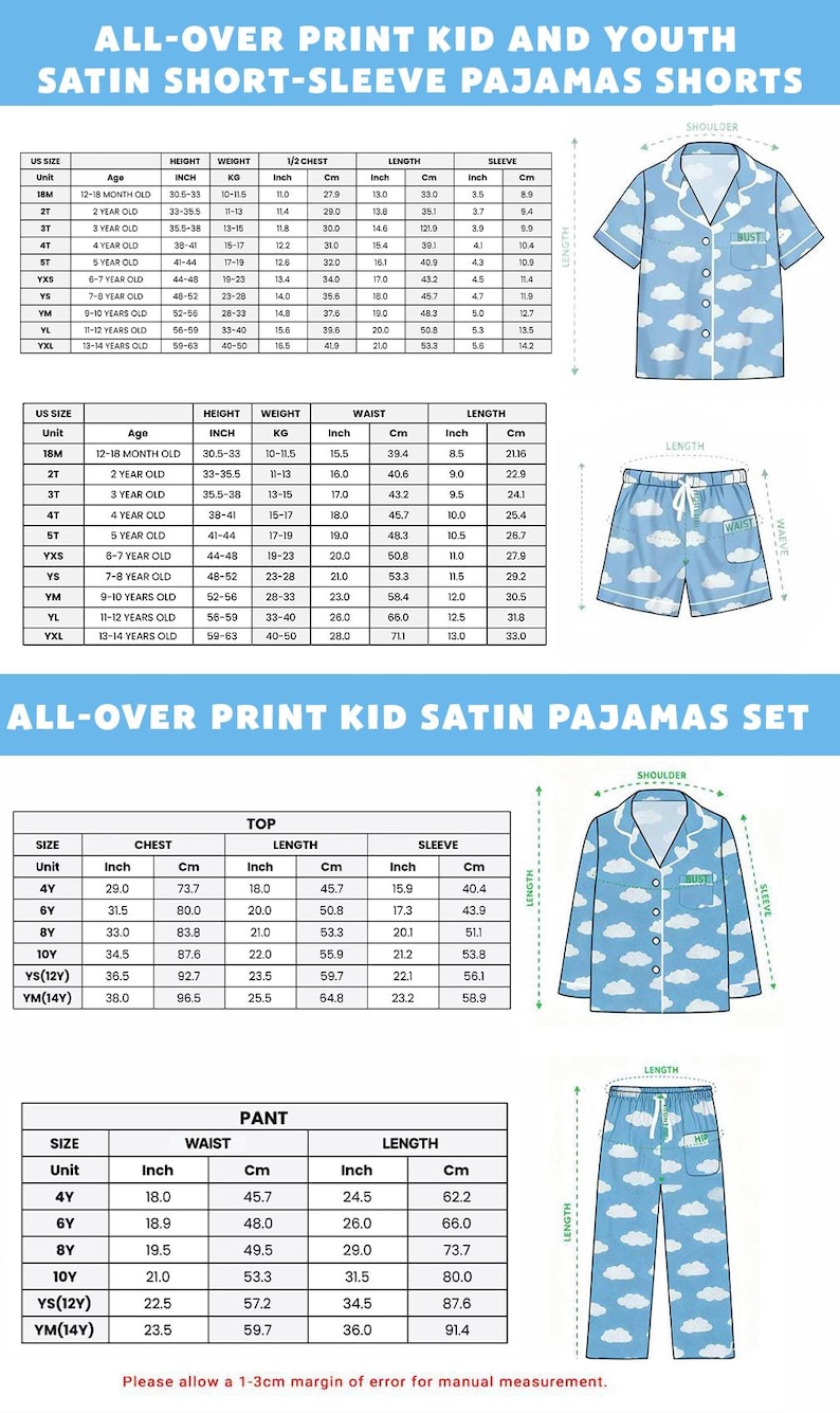 The image is a collection of three separate images depicting different sizes of satin short-sleeve pajamas for children. The images show the top, chest, waist, and leg measurements for each size, as well as the waist and leg measurements for the full-length pajamas. The images also include the waist and leg measurements for the short-sleeve pajamas.