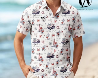 Nautical “Ahoy” Hawaiian Shirt, Cartoon Style Cruise Shirt, Summer Vacation Beach Outfit