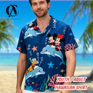 Men's Toon Underwater Adventure Shirt, Dolphin Ride Hawaiian Top, Ocean Sea Life Print