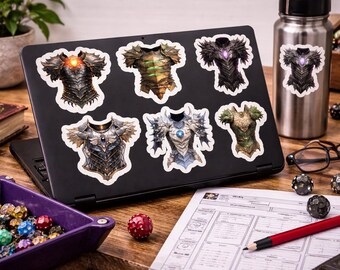 May include: A collection of fantasy armor stickers in various designs, including detailed chest plates with metallic and colorful accents. Stickers are displayed on a laptop, with a water bottle and dice nearby.