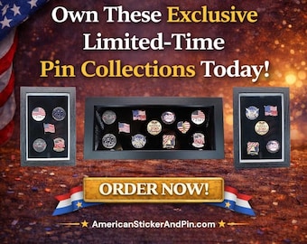 Puede incluir: Colecciones de pines enmarcadas con diseños patrióticos y el número "250". La imagen incluye el texto "Own These Exclusive Limited-Time Pin Collections Today!" y "Order Now!" con la dirección del sitio web "AmericanStickerAndPin.com" y "America @ 250 Years".