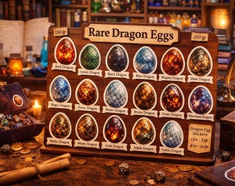 May include: A wooden display featuring "Rare Dragon Eggs" stickers. Each egg is a different color and design, labeled with names like "Red Dragon" and "Blue Dragon." The display also includes a price tag and a small sign advertising sticker deals.