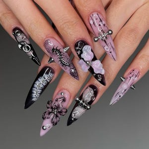 Handmade Cyber Goth Press On Nails | Spiked Chrome & 3D Flower Design | Punk Metal Aesthetic Nail Set