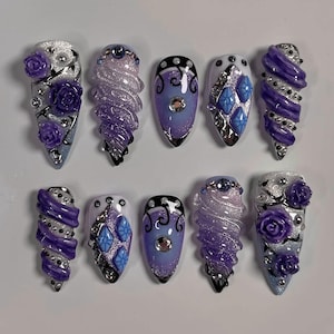 Handmade Midnight Amethyst Press On Nails | 3D Purple Roses & Gems | Gothic Silver Chrome Fantasy Nail Set