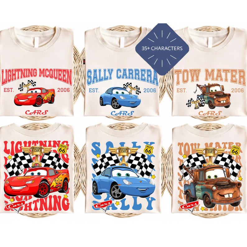 May include: Six off-white t-shirts featuring Cars movie characters Lightning McQueen, Sally Carrera, and Tow Mater. Each shirt has a graphic with the character's name, the year 2006, and the word "Cars".