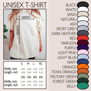 May include: Unisex t-shirt in cream, with size and colour options. Widths range from 45.7 to 81.3 cm, lengths from 71.1 to 88.9 cm. Colours include black, white, grey, red, purple, pink, blue, orange, and green. The image shows the shirt's dimensions.