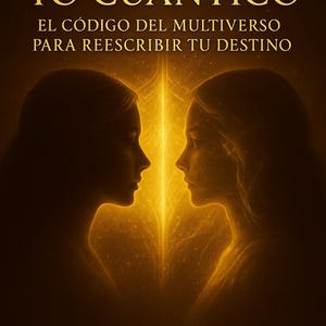 May include: Book cover with the title "DESPIERTA TU YO CUÁNTICO" in gold lettering. The cover features two silhouetted faces facing each other, with a bright golden light emanating between them. The author's name, SENANDRYA NOREIA, is at the bottom.