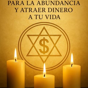 May include: Image of a book cover with the title "RITUALES" in large, dark letters. Below, text reads "PARA LA ABUNDANCIA Y ATRAER DINERO A TU VIDA." A gold Star of David with a dollar sign is centered above three lit candles.
