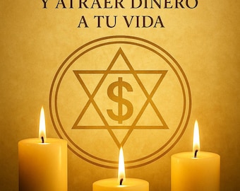 May include: Image of a book cover with the title "RITUALES" in large, dark letters. Below, text reads "PARA LA ABUNDANCIA Y ATRAER DINERO A TU VIDA." A gold Star of David with a dollar sign is centered above three lit candles.