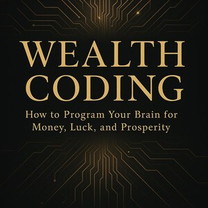 May include: Book cover for "Wealth Coding" by Senandrya Noreia. The title is in large gold letters, with the subtitle "How to Program Your Brain for Money, Luck, and Prosperity." The background is black with gold circuit board design.