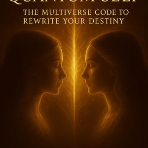 Könnte beinhalten: Buchcover mit dem Titel "AWAKEN YOUR QUANTUM SELF" in goldener Schrift. Der Untertitel lautet "THE MULTIVERSE CODE TO REWRITE YOUR DESTINY". Zwei silhouettierte Gesichter blicken einander an, mit einem goldenen Licht dazwischen. Der Name des Autors steht unten.