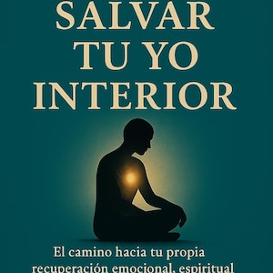 Könnte beinhalten: Buchcover mit dem Titel "CÓMO SALVAR TU YO INTERIOR" in goldfarbenen Buchstaben. Eine meditierende Silhouette befindet sich in der Mitte, mit einem leuchtenden Licht. Der Autorname lautet "Senandrya Noreia".
