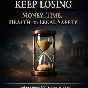 Puede incluir: Portada de libro con el título "WHY SMART PEOPLE KEEP LOSING" y el subtítulo "MONEY, TIME, HEALTH, OR LEGAL SAFETY." Un reloj de arena está centrado, con arena fluyendo de arriba a abajo. El nombre del autor es Senandrya Noreia.