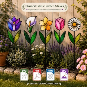 May include: Five stained glass garden stakes featuring a purple tulip, a white calla lily, a yellow daffodil, a pink tulip, and a white daisy. Each flower has green leaves and a black metal stem. The text reads Stained Glass Garden Stakes.