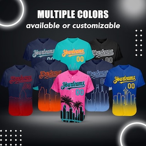 Könnte beinhalten: Eine Auswahl an Baseball-Trikots in verschiedenen Farben, darunter Blau, Türkis, Pink und Schwarz. Jedes Trikot zeigt den Text "Yourteams" und die Nummer "00". Das Bild enthält auch den Text "MULTIPLE COLORS available or customizable".