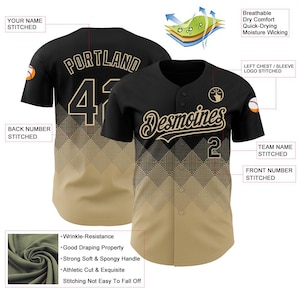 May include: Black and tan baseball jersey with the word "Portland" and the number "47" on the back. The front of the jersey says "Desmoines" and the number "2". Features include wrinkle resistance, good draping, and moisture wicking.