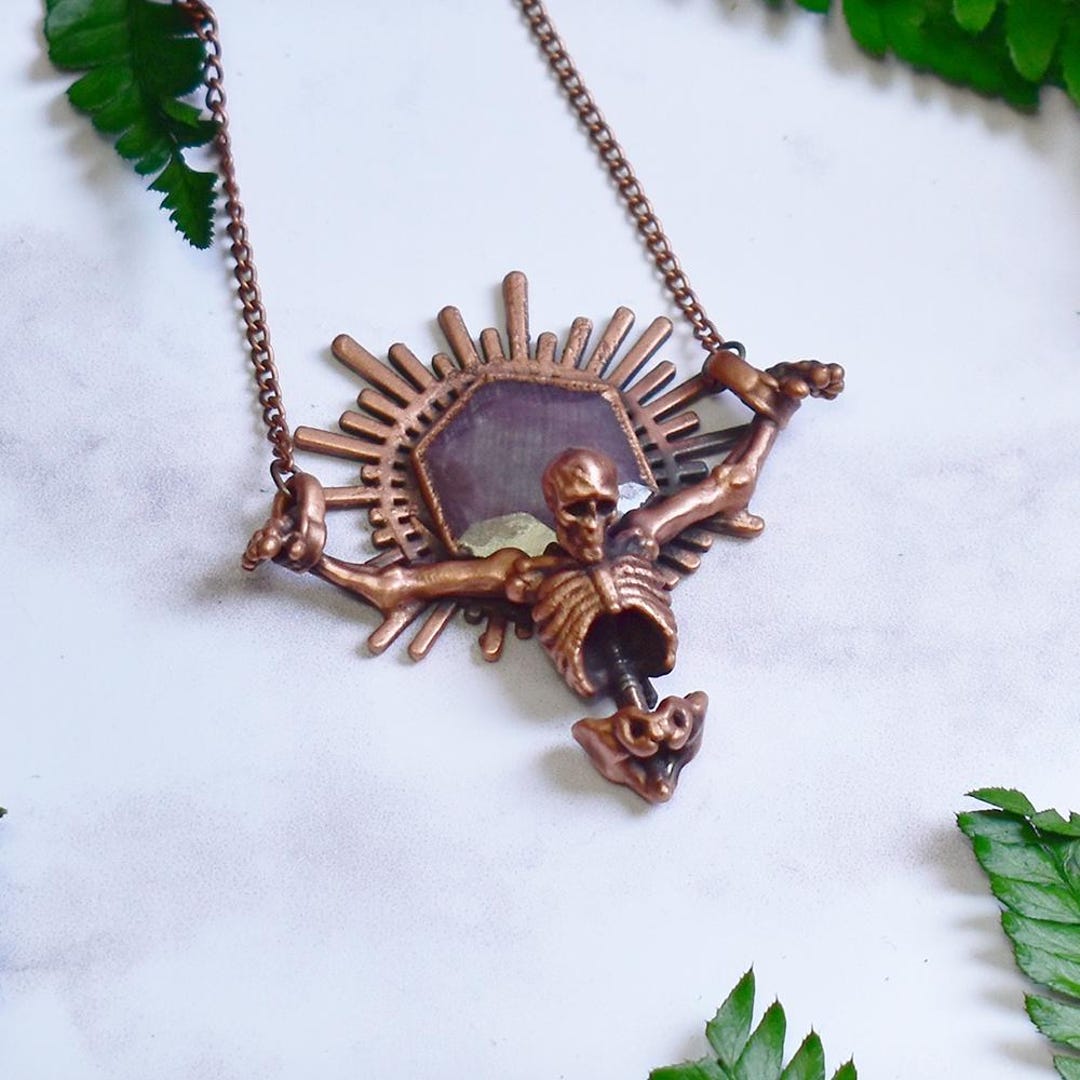 Crucified Skeleton Pendant – Star Ruby Gothic Necklace in Electroformed ...