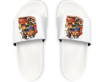 Colorful Vintage Toy Train Slide Sandals | Kids Cute Cartoon Bear Slides | BCA Summer Slip-On Sandals | Fun Casual Beach Pool Shoes