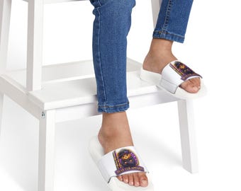 Cute Bear in Leaves illustration Youth Sandals | Adjustable Strap Slides