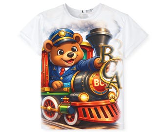 Kids Train Shirt - Cute Bear Conductor Tee - Toddler Train Outfit - All Over Print Kids Shirt - Boy Girl Train Clothing - Gift for Kids