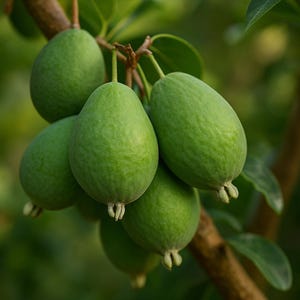 May include: Close-up of a cluster of green feijoa fruits hanging from a tree branch. The fruits are oval-shaped with a smooth texture and a light green color. The background is blurred, showing green leaves and branches.