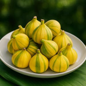 May include: A white bowl filled with ripe figs. The figs are yellow with green stripes, and have a small stem. The bowl is sitting on a green leaf, with a blurred green background.