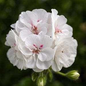 May include: A close-up of a cluster of white geranium flowers with delicate pink markings near the center. The petals are soft and layered, with a few unopened buds and green stems visible against a blurred green background.