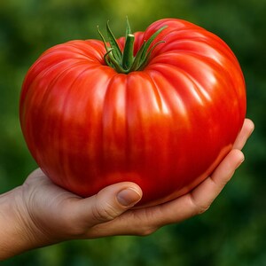 May include: A large, ripe red tomato with a green stem is held in a hand. The tomato has a ribbed texture and a glossy surface, suggesting freshness. The background is a blurred green, highlighting the tomato.