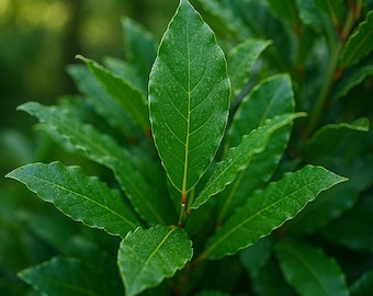 Planta viva de laurel: (1) Laurus nobilis, árbol de laurel de hoja fresca