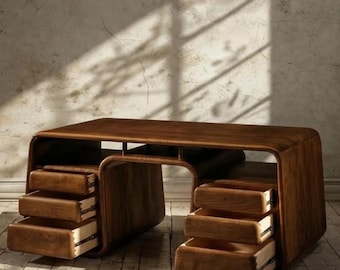 Walnut Writing Desk, Curved Waterfall Silhouette, Six Drawers, Sculptural Wood Office Furniture